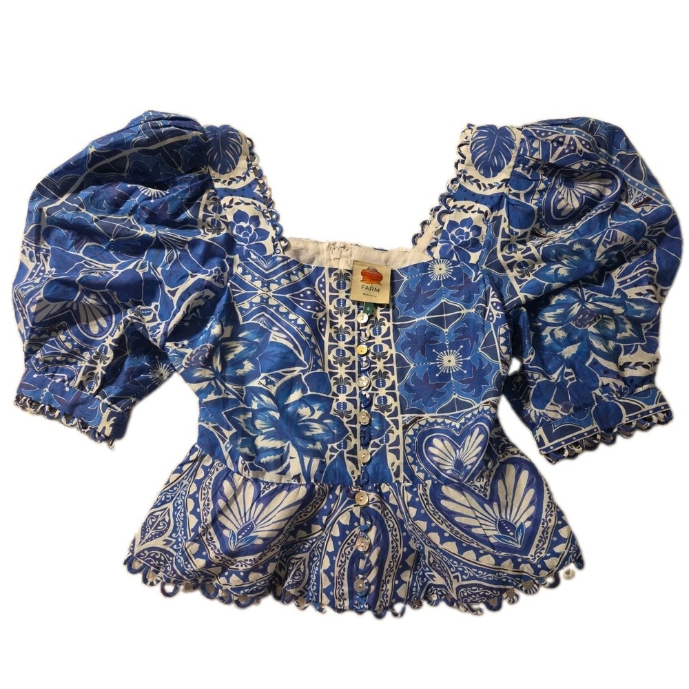 Farm Rio Top Womens Small Blue Floral Puff Sleeve Beach Artsy Blouse Tile Dream